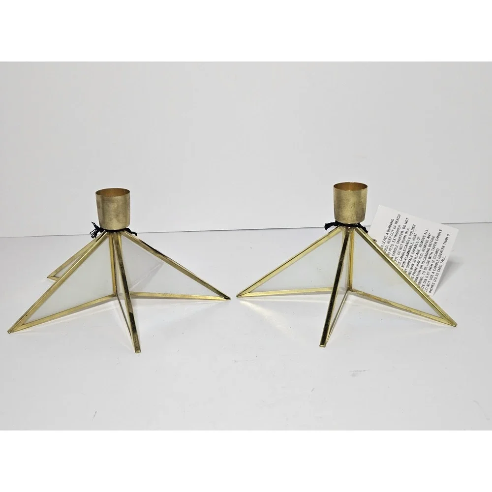 Set of‎ 2 Target Star Taper Candle Holders Gold Brass Leaded Glass Christmas NWT